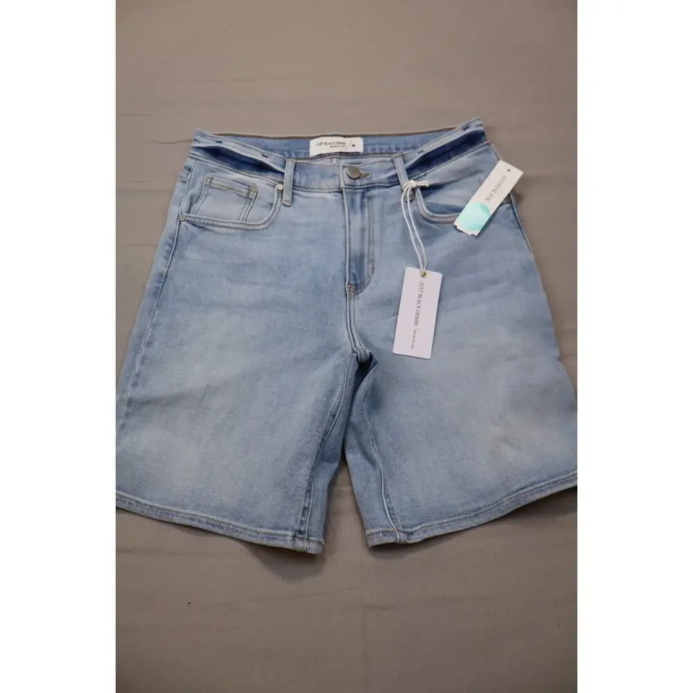 NEW Just Black Blue Clean Hem Stretch Longer High Rise Denim Jean Shorts Size M